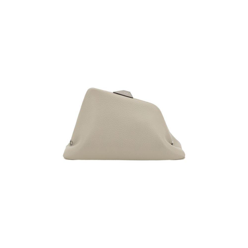 The Attico Day Off Shoulder Bag, geometric leather design, side view, featuring magnetic snap closure and metal support feet.