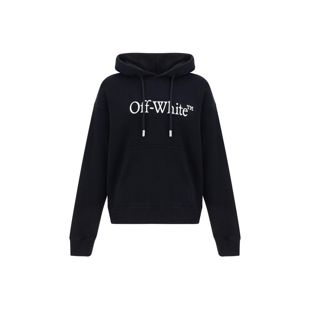 Off-White Big Bookish Skate Hoodie, black cotton with logo, drawstring hood, ribbed cuffs, and kangaroo pocket, stylish streetwear.