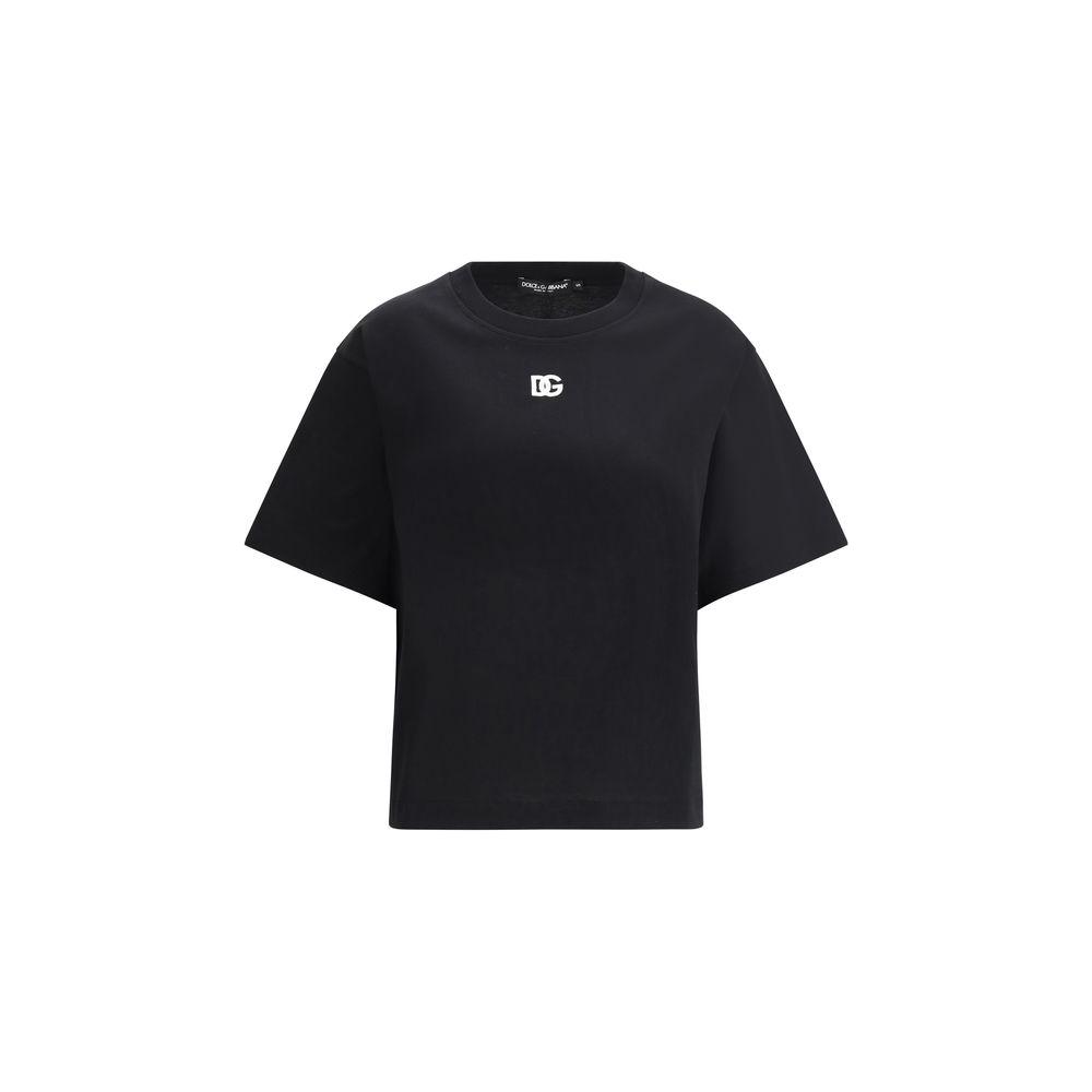 Dolce & Gabbana black logoed T-shirt with ribbed crew neck and embroidered logo, offering a monochrome and sophisticated look.
