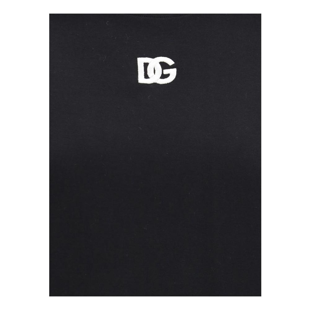 Dolce & Gabbana black T-shirt with white embroidered logo on front, featuring ribbed crew neck for comfort and elegant style.