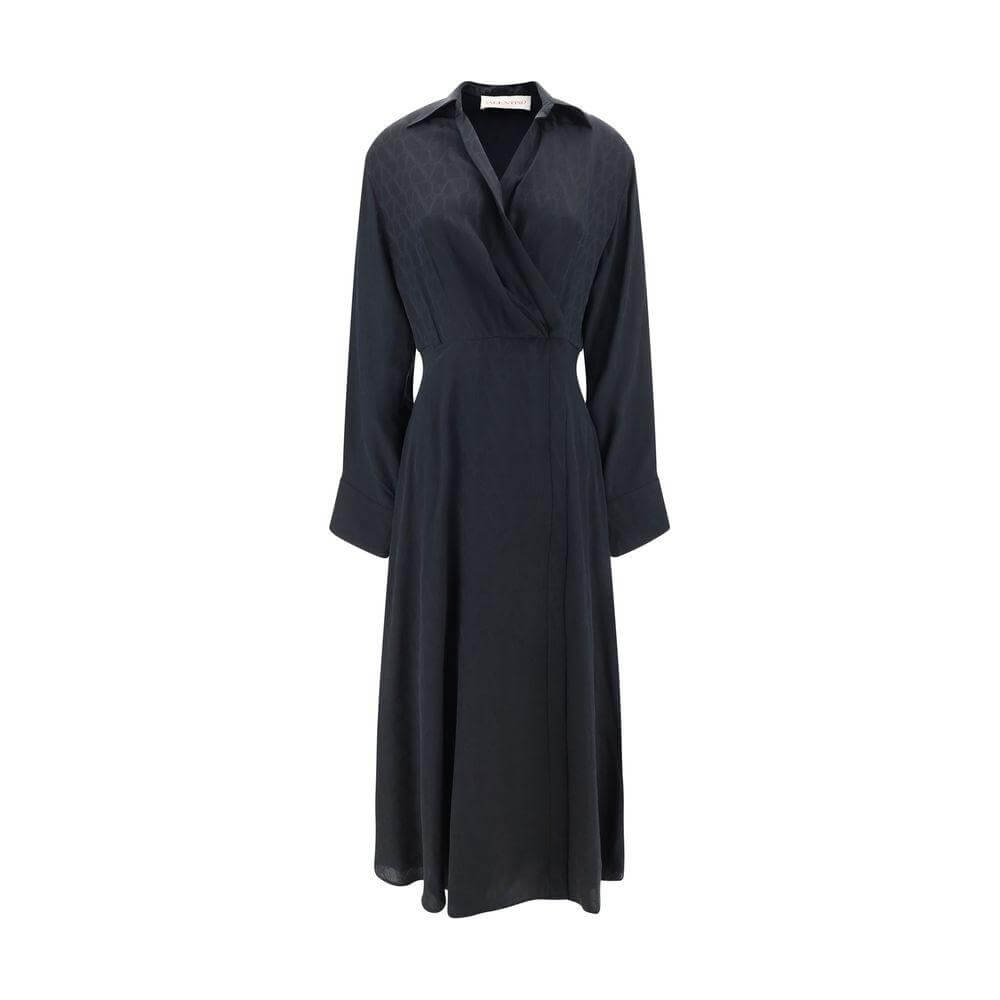 Valentino Toile Iconographe Chemisier Dress in silk with double-breasted closure, smocked waistband, wide sleeves, and ruffle skirt.