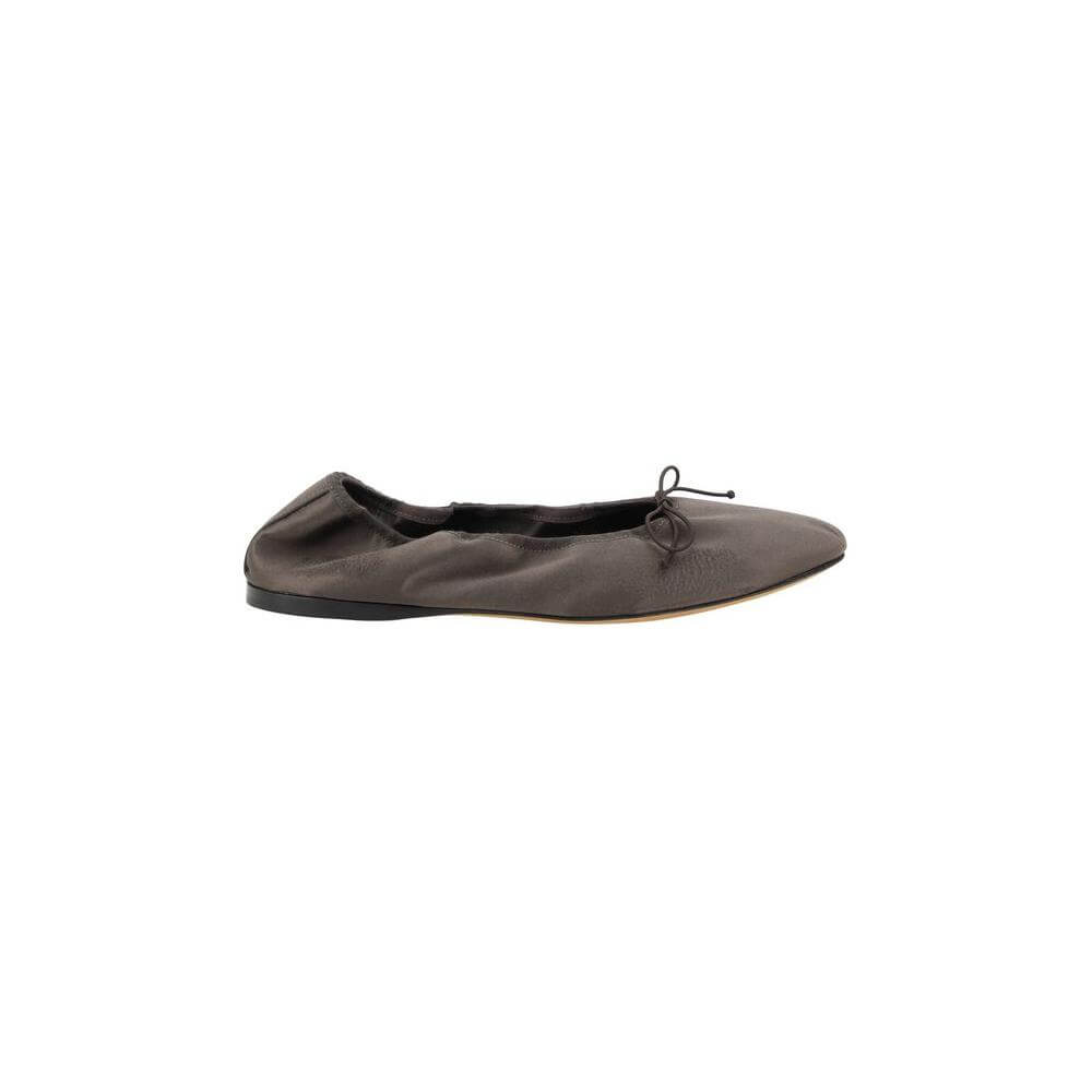 The Row Hereditas Ballerinas in satin with round toe, applique bow, elasticized heel, flat sole, branded insole - side view
