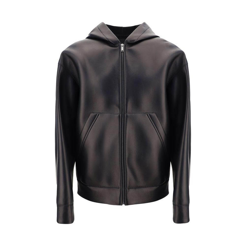 Valentino lambskin leather jacket with hood and front zipper, featuring welt patch pockets and monochrome design.