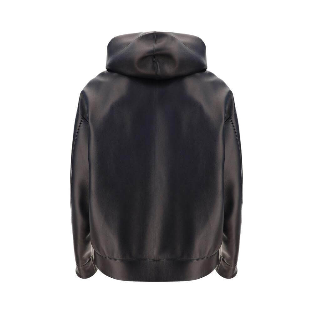 Back view of Valentino lambskin leather jacket, hooded design with front zipper, monochrome pattern, showcases two front welt patch pockets.