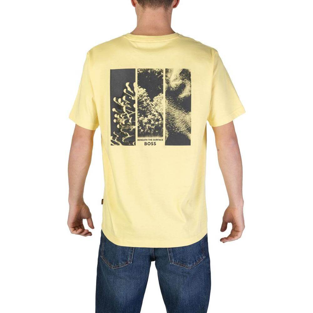 Back view of Hugo Boss yellow cotton short-sleeved men's T-shirt from Fall/Winter collection, featuring graphic design.