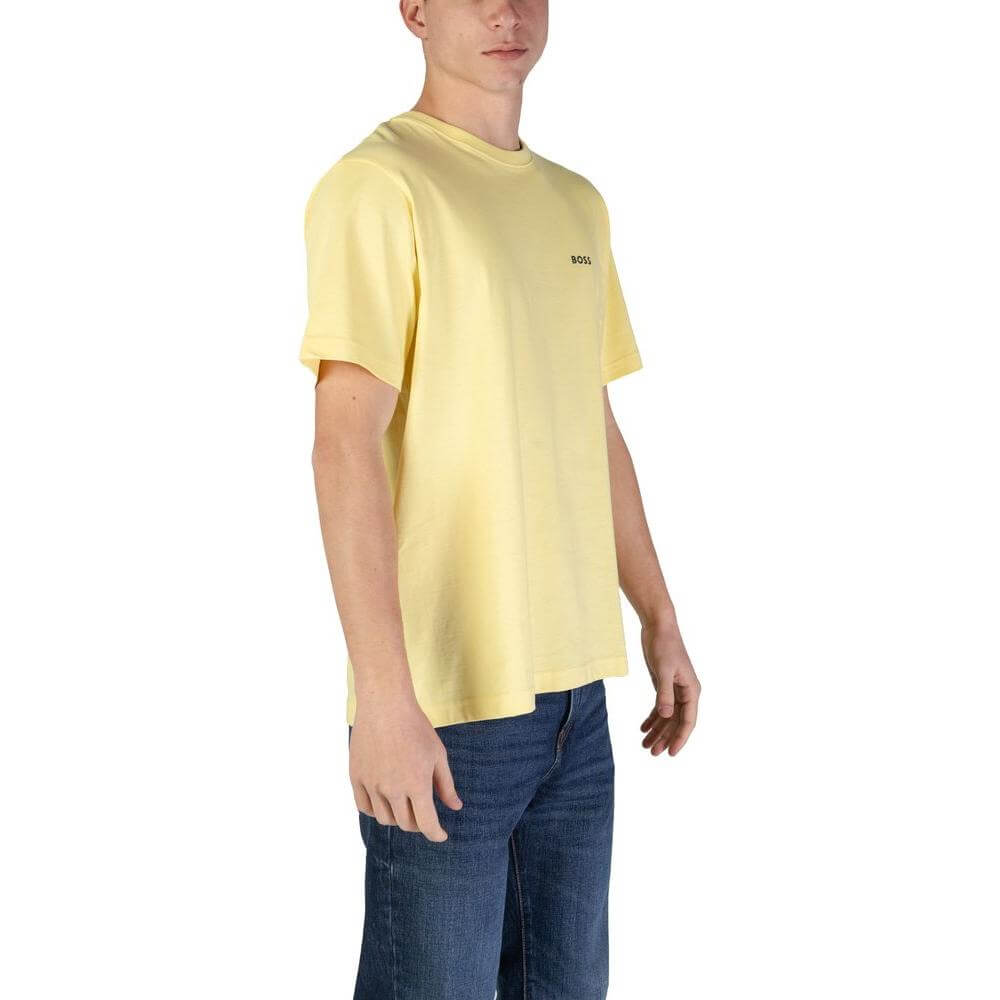 Hugo Boss yellow cotton T-shirt for men, short-sleeved, fall/winter collection, casual style, 100% cotton fabric.