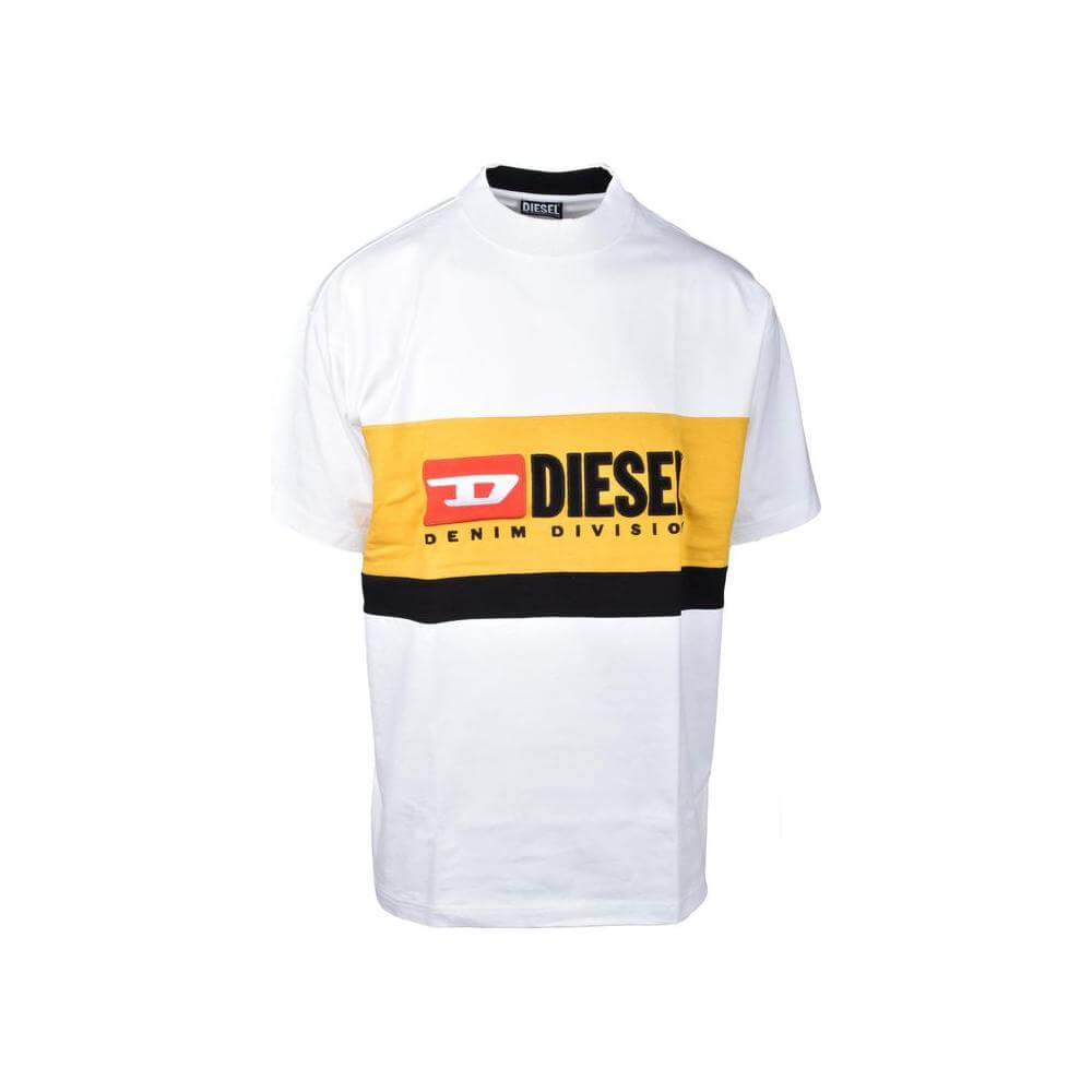 Men's Diesel white cotton sweater with yellow and black stripe, spring/summer collection, uncovered sweatshirt, 100% cotton.