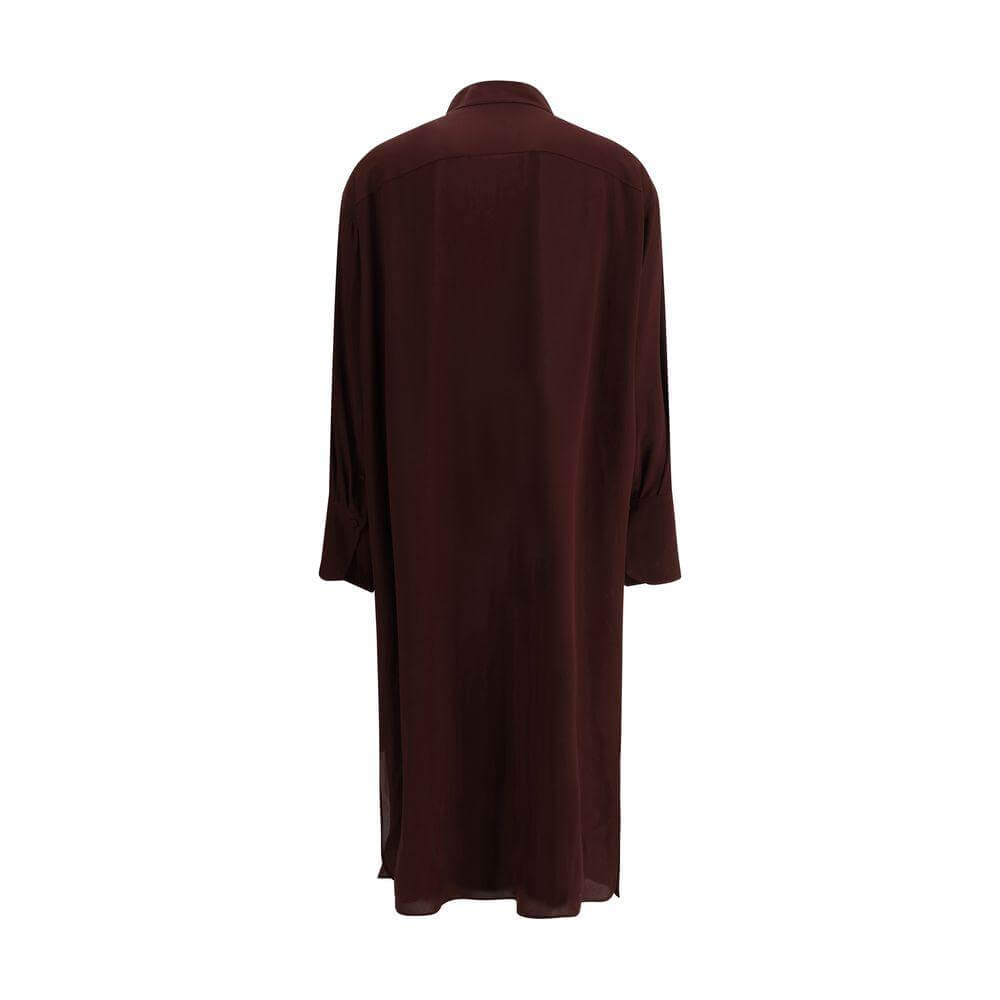 Back view of Alexander McQueen Silk Chemisier Dress in dark hue, featuring a classic collar and long sleeves.