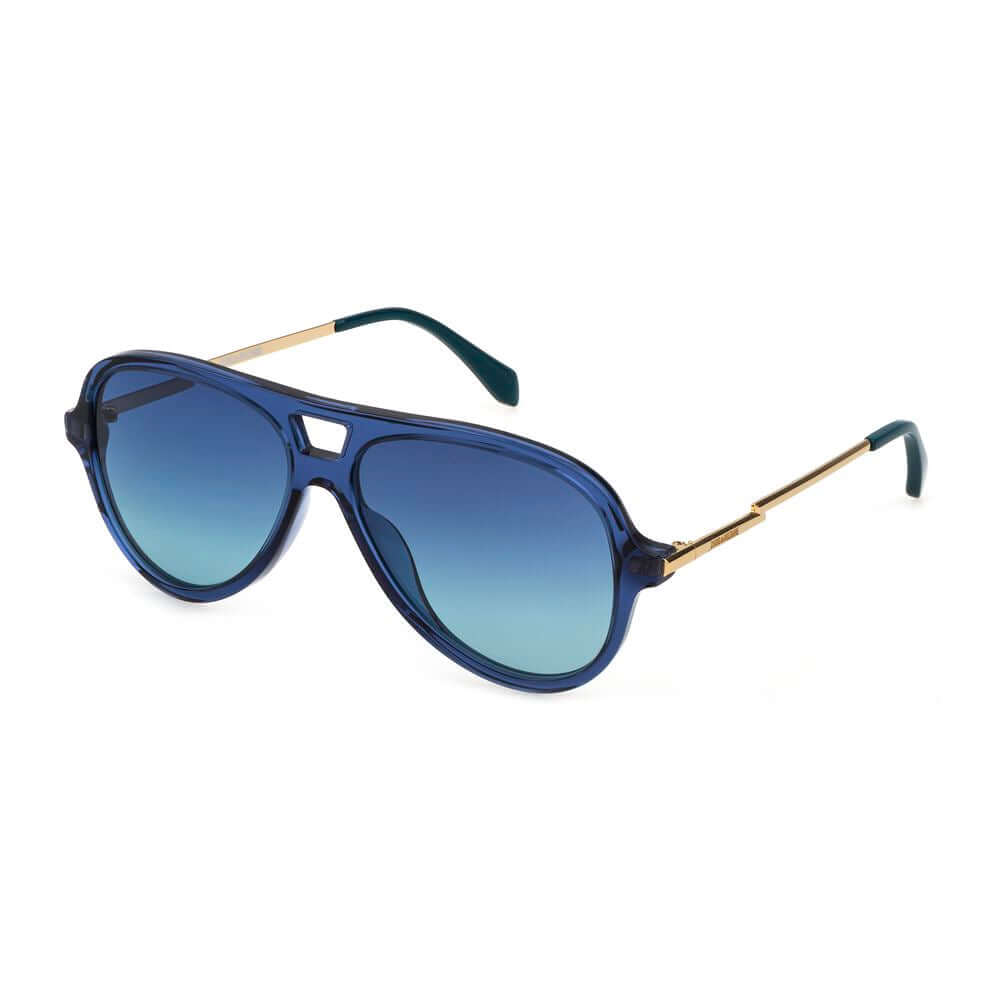 Zadig & Voltaire transparent blue acetate sunglasses with gradient blue lenses, metal accents, and 58/14/135mm measurements for women.