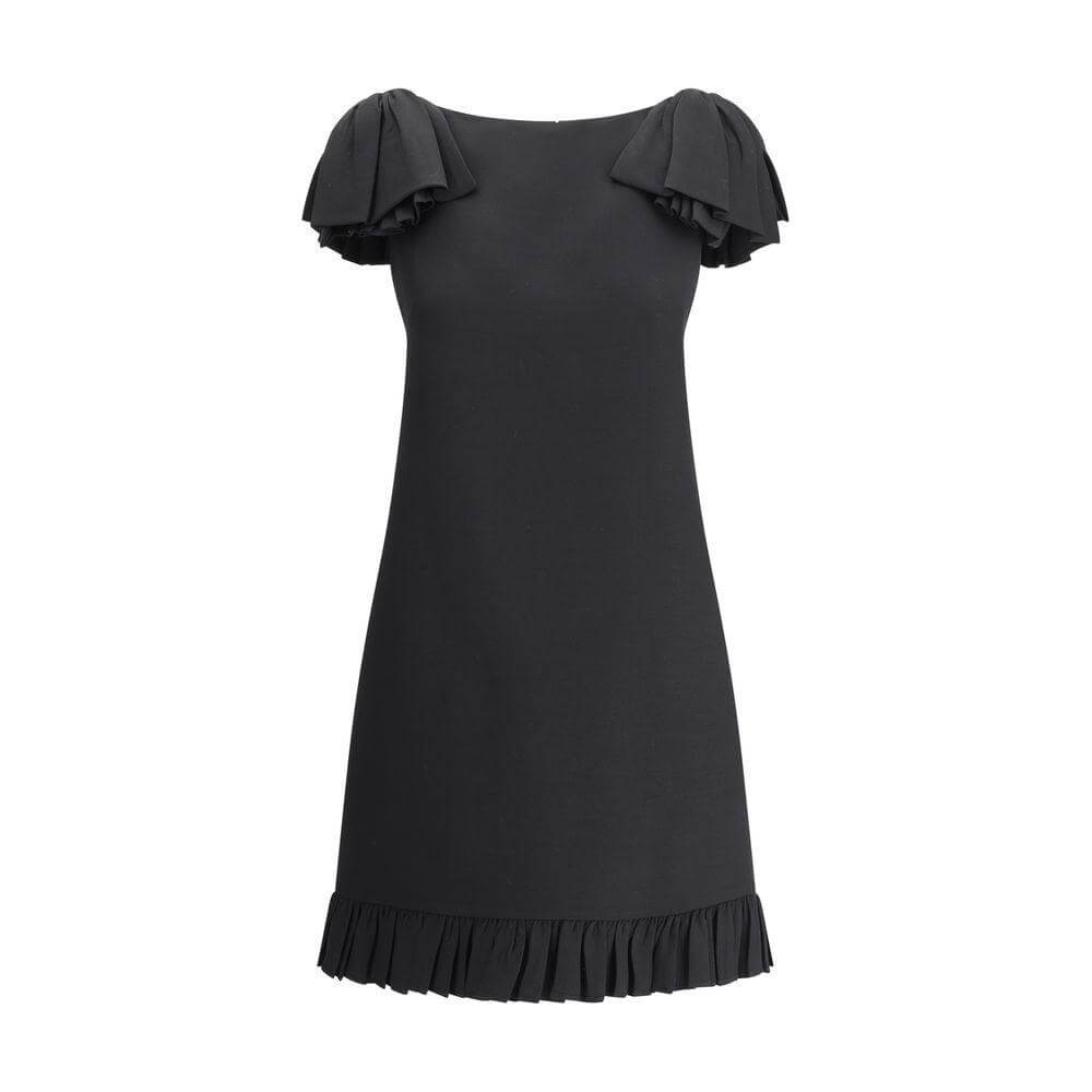 Valentino mini dress in black with bows, boat neckline, and ruffled hem. Sleeveless design offers elegance and practicality with pockets.