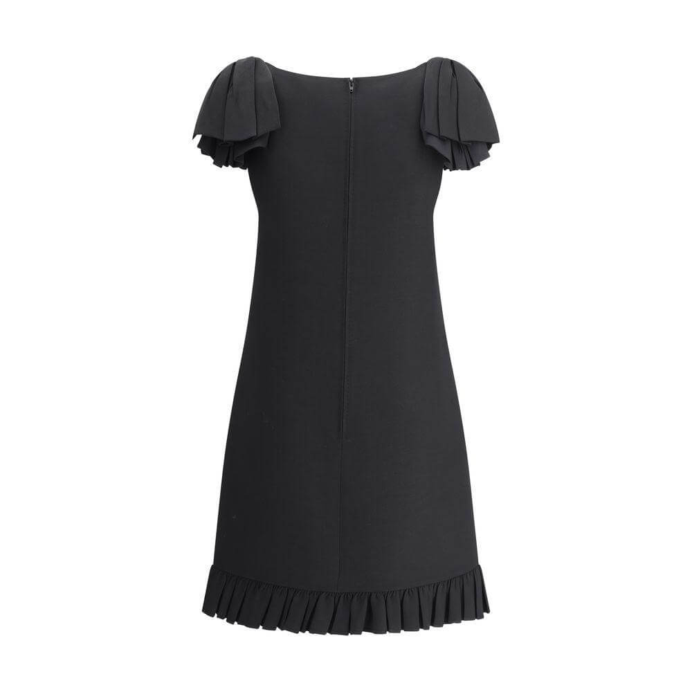 Valentino Mini Dress with bows, black, sleeveless, boat neckline, ruffled hem, decorative shoulder bows, back zipper closure.