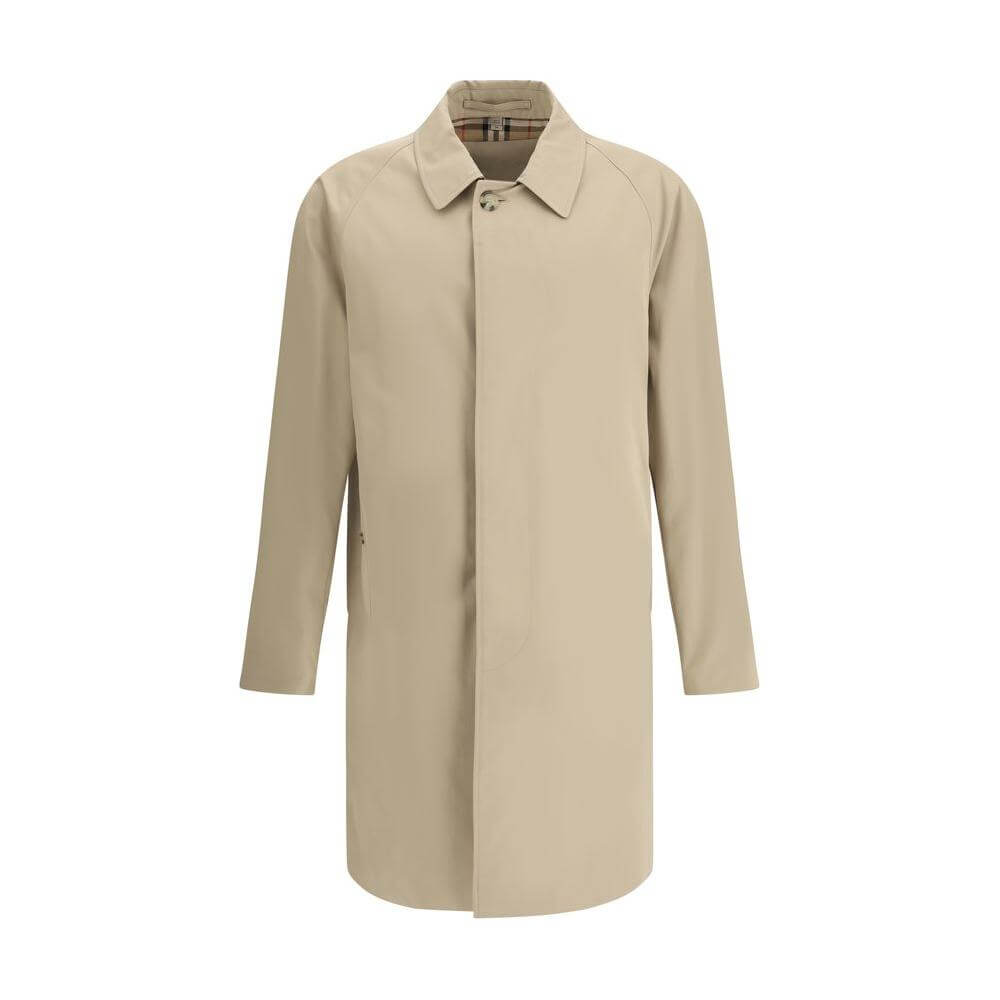 Burberry Cotton Breasted Coat with classic collar and iconic Archivio Check lining, front button closure, and side welt pockets.