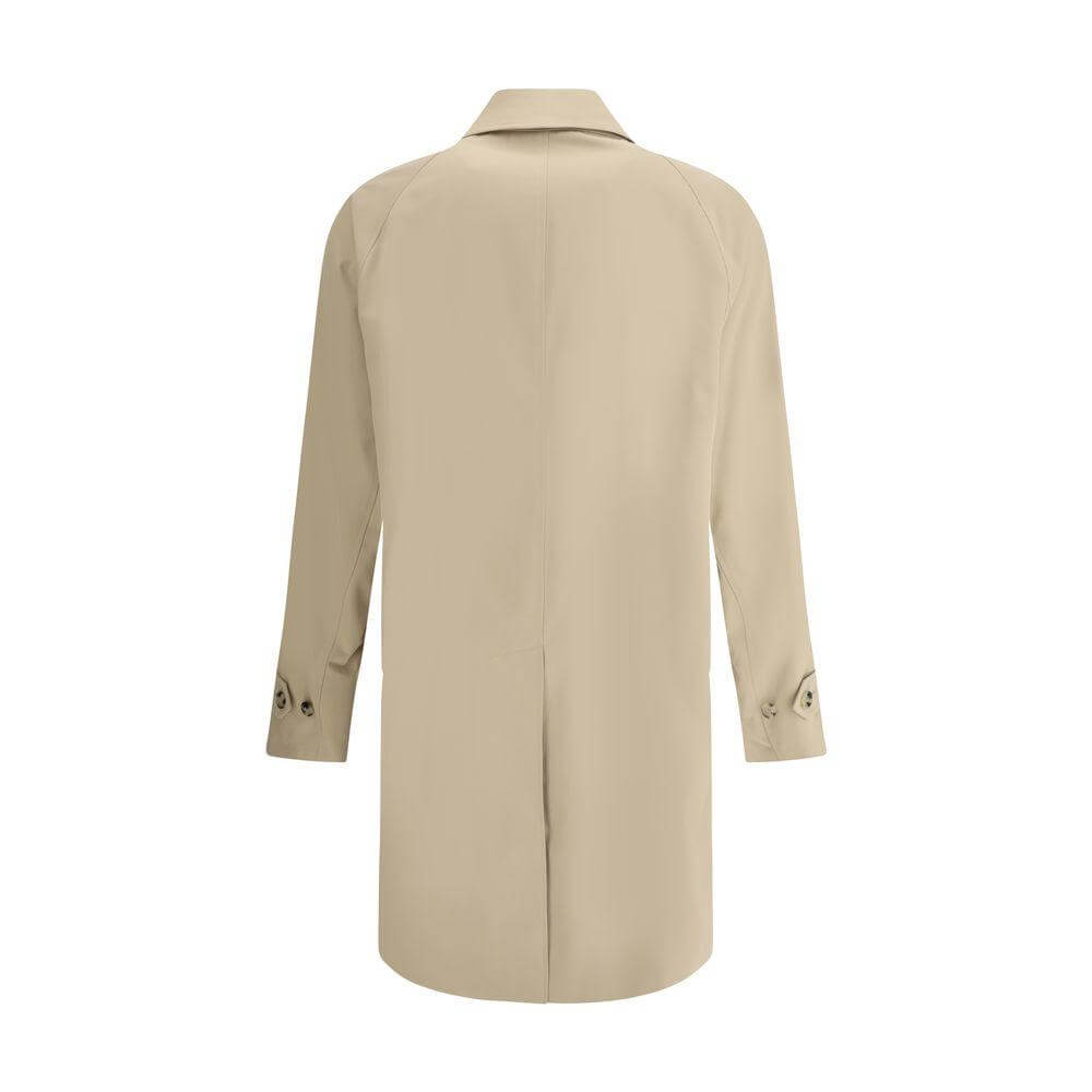 Back view of Burberry cotton breasted coat with classic collar, button cuffs, and back vent.