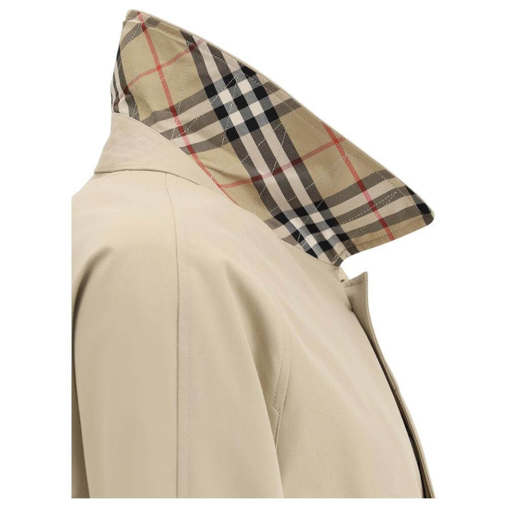 Side view of Burberry cotton breasted coat showing classic collar and iconic Archivio Check lining