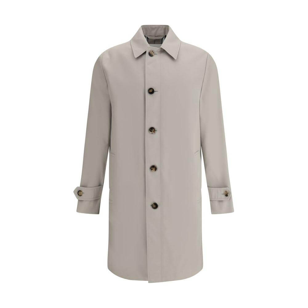 Burberry cotton breasted coat with classic collar, front button closure, and side pockets, featuring Archivio Check lining.