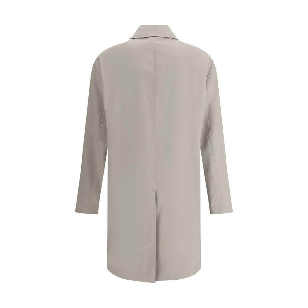 Back view of Burberry Cotton Breasted Coat with classic collar, back vent, and Archivio Check lining.