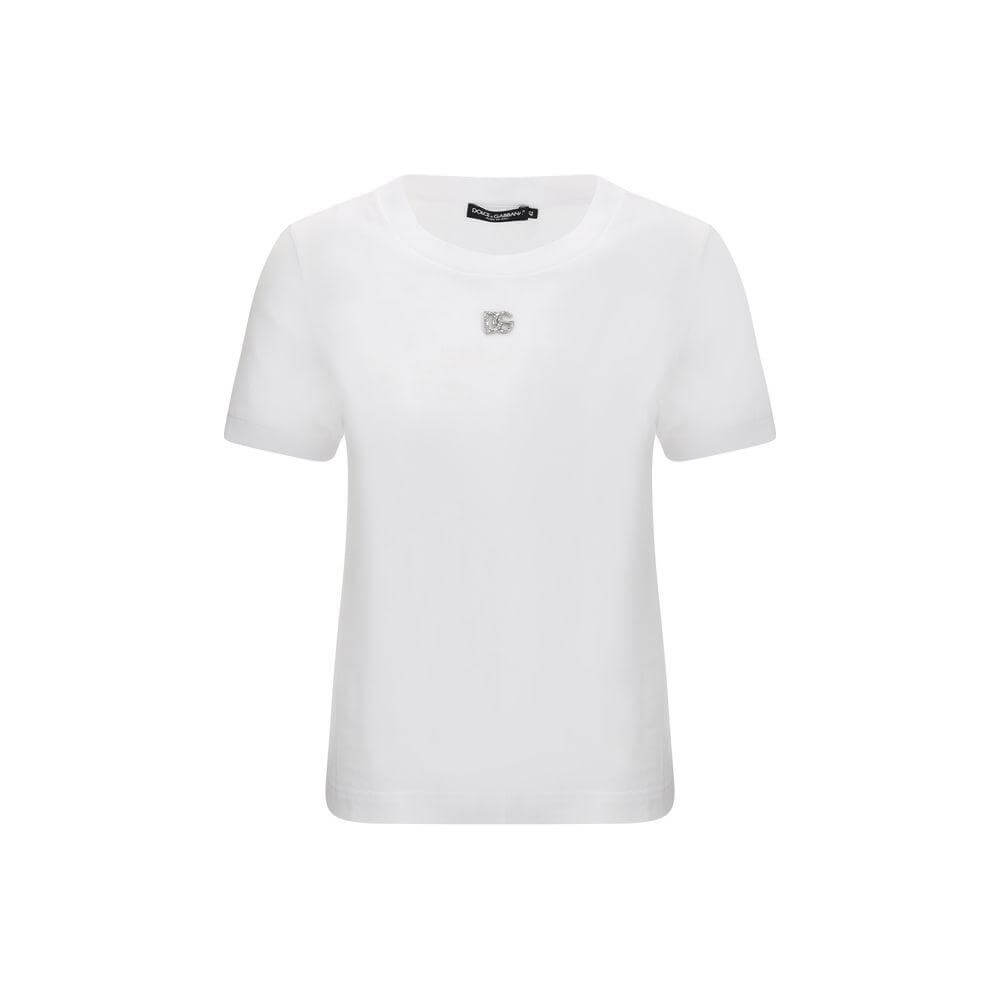 Dolce & Gabbana white cotton t-shirt with ribbed crew neck and jewel-embellished monogram plaque on front, regular fit.
