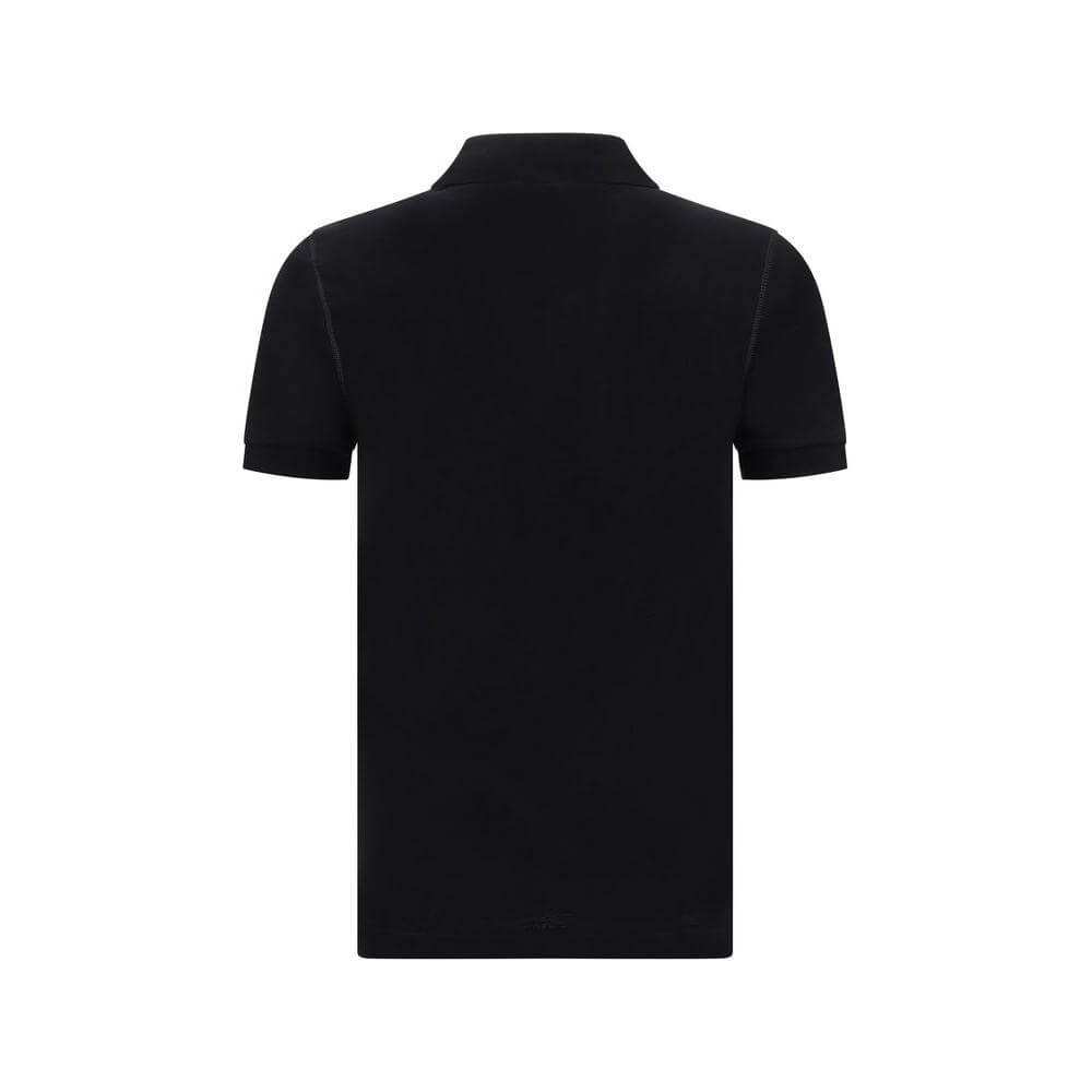 Back view of Dolce & Gabbana black cotton polo shirt with ribbed collar and D&G monogram plaque, classic design.