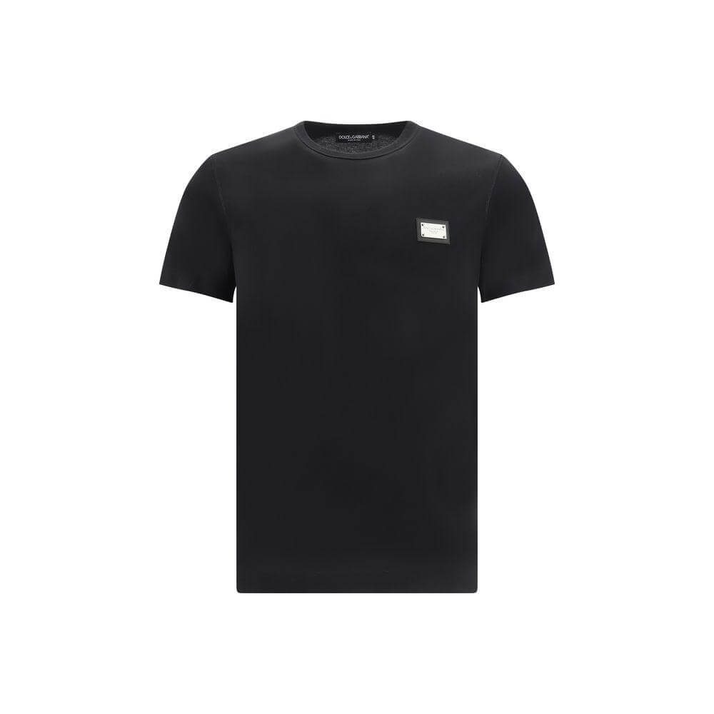 Dolce & Gabbana black cotton T-shirt with D&G monogram plaque, ribbed crew neck, oversized fit
