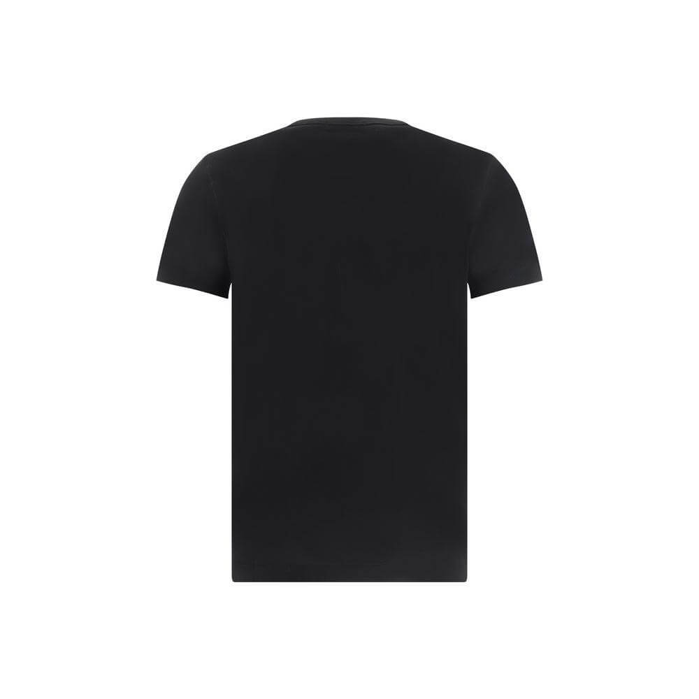 Back view of a Dolce & Gabbana black cotton T-shirt with oversized fit and engraved D&G monogram metal plaque on the back.