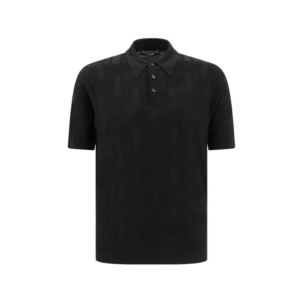 Dolce & Gabbana black silk polo shirt with jacquard logo pattern, classic collar, and tone-on-tone buttons. Elegant, versatile design.