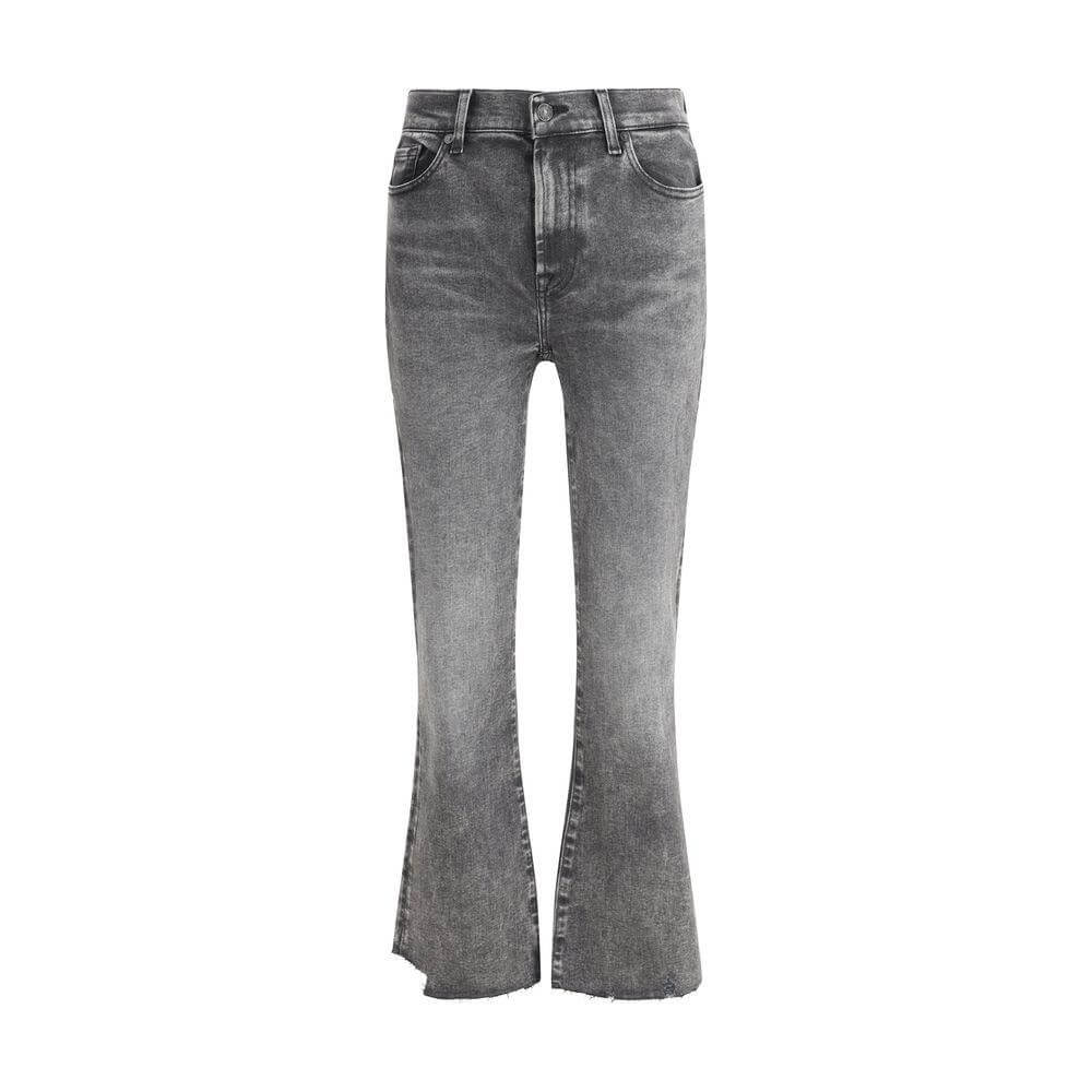 Gray 7FOR cotton jeans featuring mid-rise, five-pocket style, and leather patch. Offers modern fit and classic button zipper closure.
