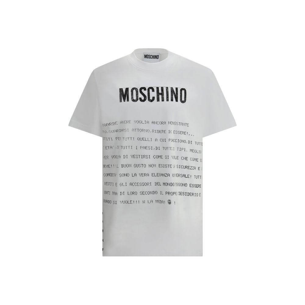 Moschino cotton logo T-shirt with ribbed crew neck and bold front text, offering a modern, casual look with iconic monogram detail.