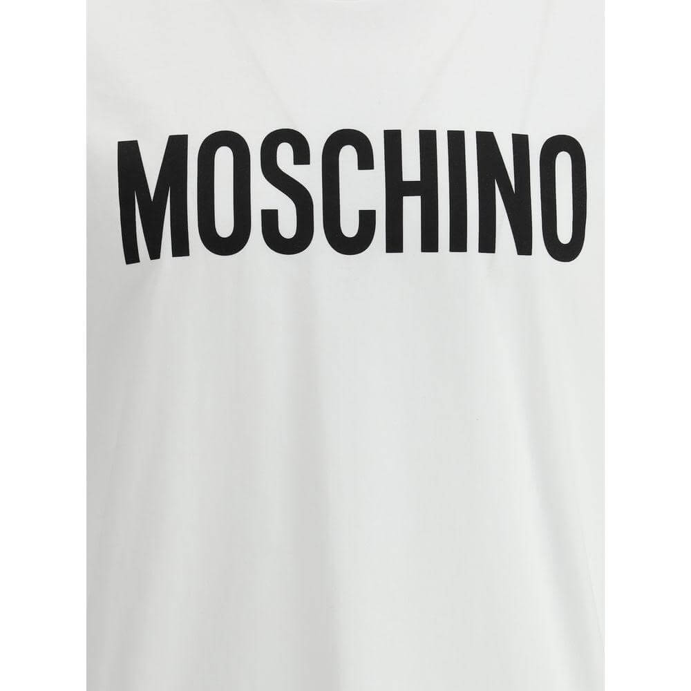 Moschino logo T-shirt with ribbed crew neck and bold monogram print, offering a modern casual look and signature style.