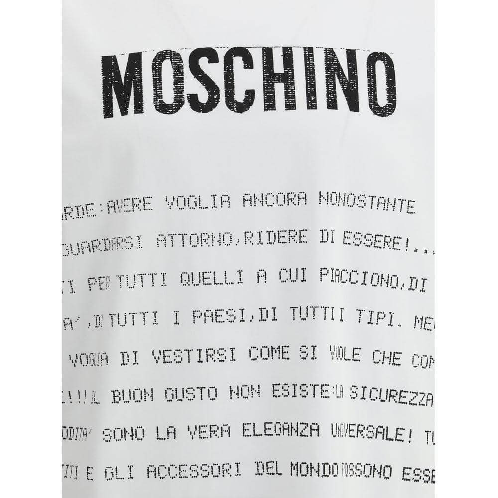Moschino logo and text printed on a cotton T-shirt with a ribbed crew neck, showcasing iconic monogram for a bold and modern look.