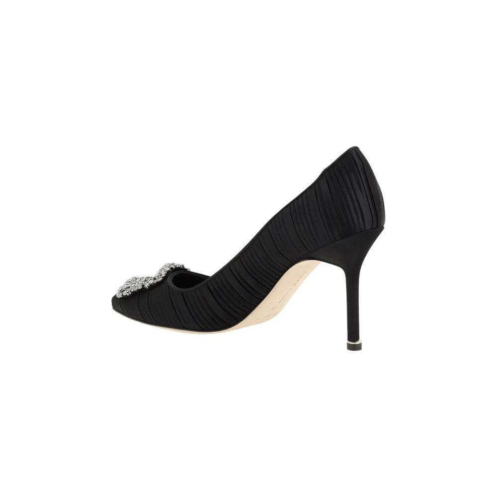 Manolo Blahnik Satin Hangisi Pumps with Swarovski crystal buckle and stiletto heel in black side view