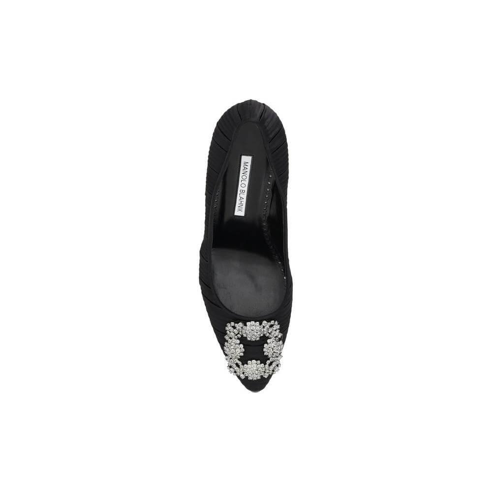 Top view of Manolo Blahnik Satin Hangisi pump with Swarovski crystal buckle, showcasing elegance and luxury for special occasions.