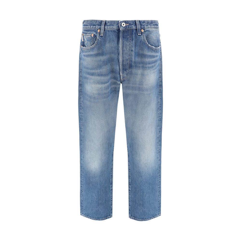 Valentino cotton jeans with straight fit, featuring five-pocket styling, metal VLogo plaque, and branded leather patch on back.