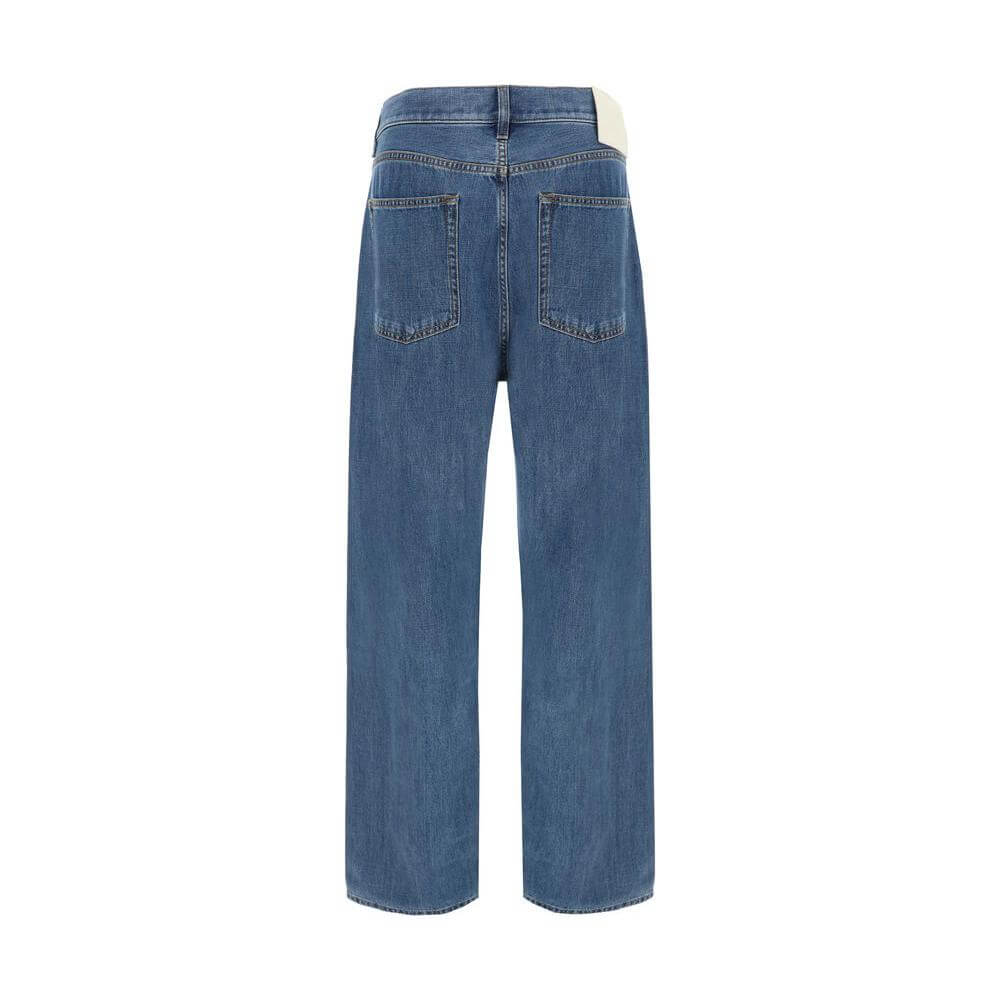 Back view of Valentino cotton jeans featuring five-pocket design, straight style, leather patch, and belt loops.