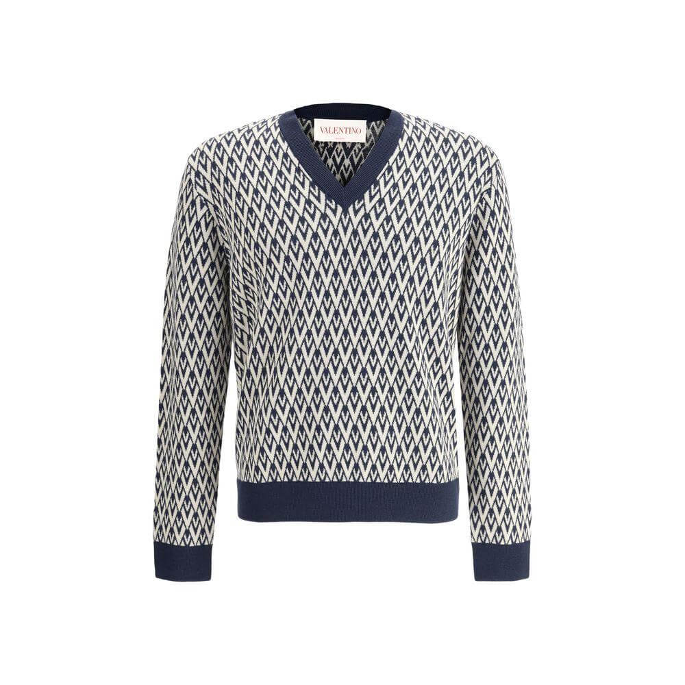 Valentino virgin wool sweater with contrasting V-neck, ribbed cuffs, and VLogo jacquard weave.