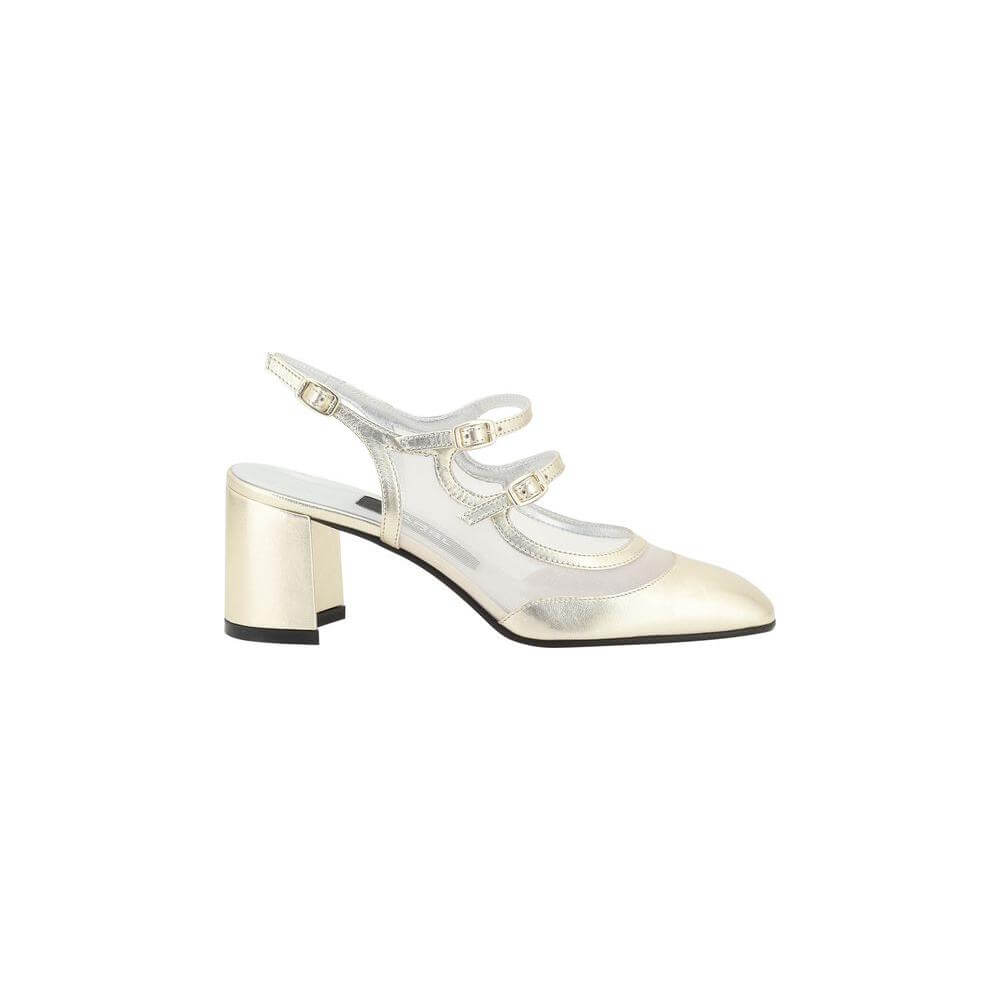 Carel Paris Bananight Pumps in metallic leather with sheer mesh, featuring almond toe and adjustable straps for a bold, sophisticated look.