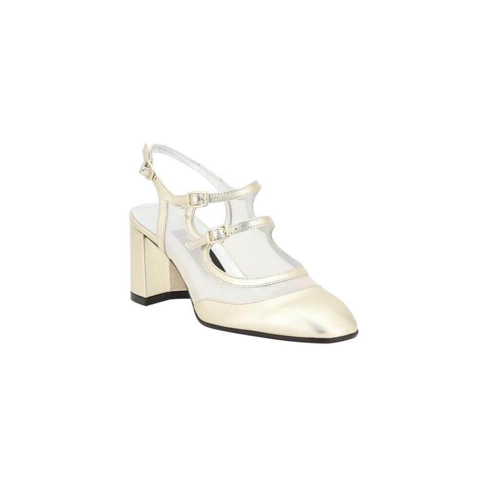 Metallic leather and mesh Bananight pumps by Carel Paris with almond toe and adjustable straps for a sleek and modern look.