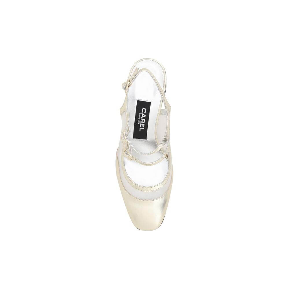 Carel Paris Bananight Pumps in metallic leather with adjustable straps, almond toe, and sheer mesh detailing, top view.