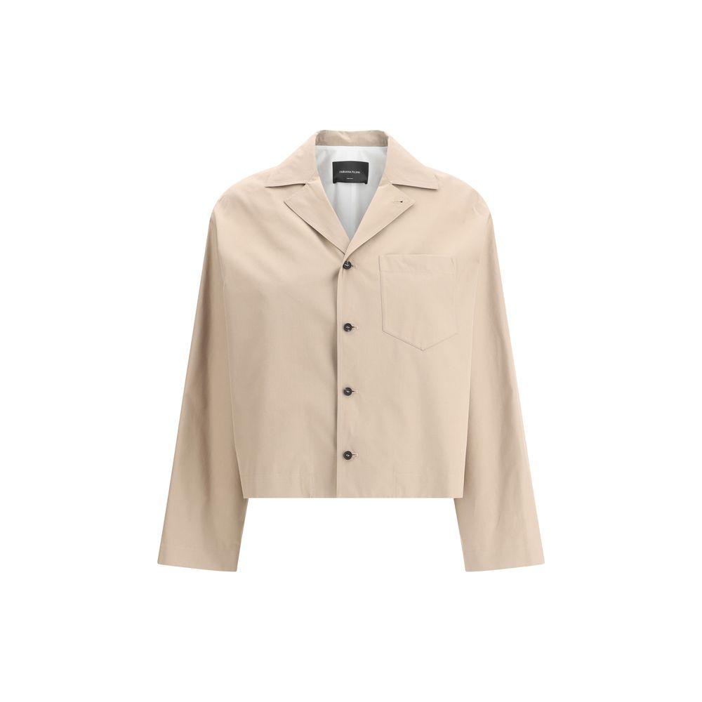 Fabiana Filippi cotton trench jacket with classic lapels, front buttons, applique pocket, and ¾ sleeves in beige louisine canvas.