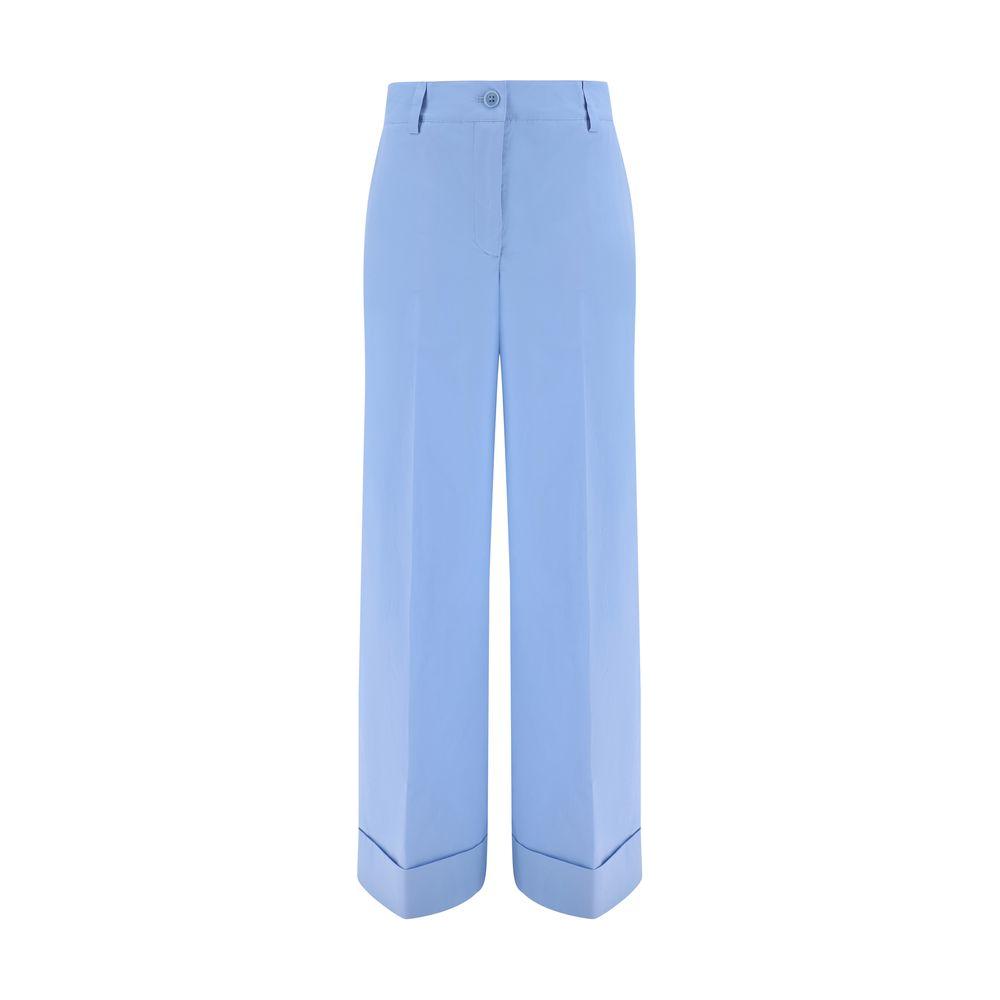 P.A.R.O.S.H. blue cotton pants with front button and zipper, side slash pockets, welt back pockets, turned-up hem, and waistband loops.