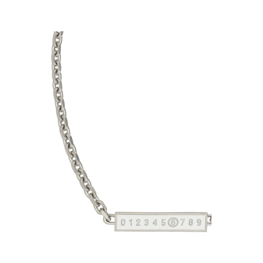MM6 necklace with chain design and engraved brand logo plaque featuring a lobster claw clasp closure.