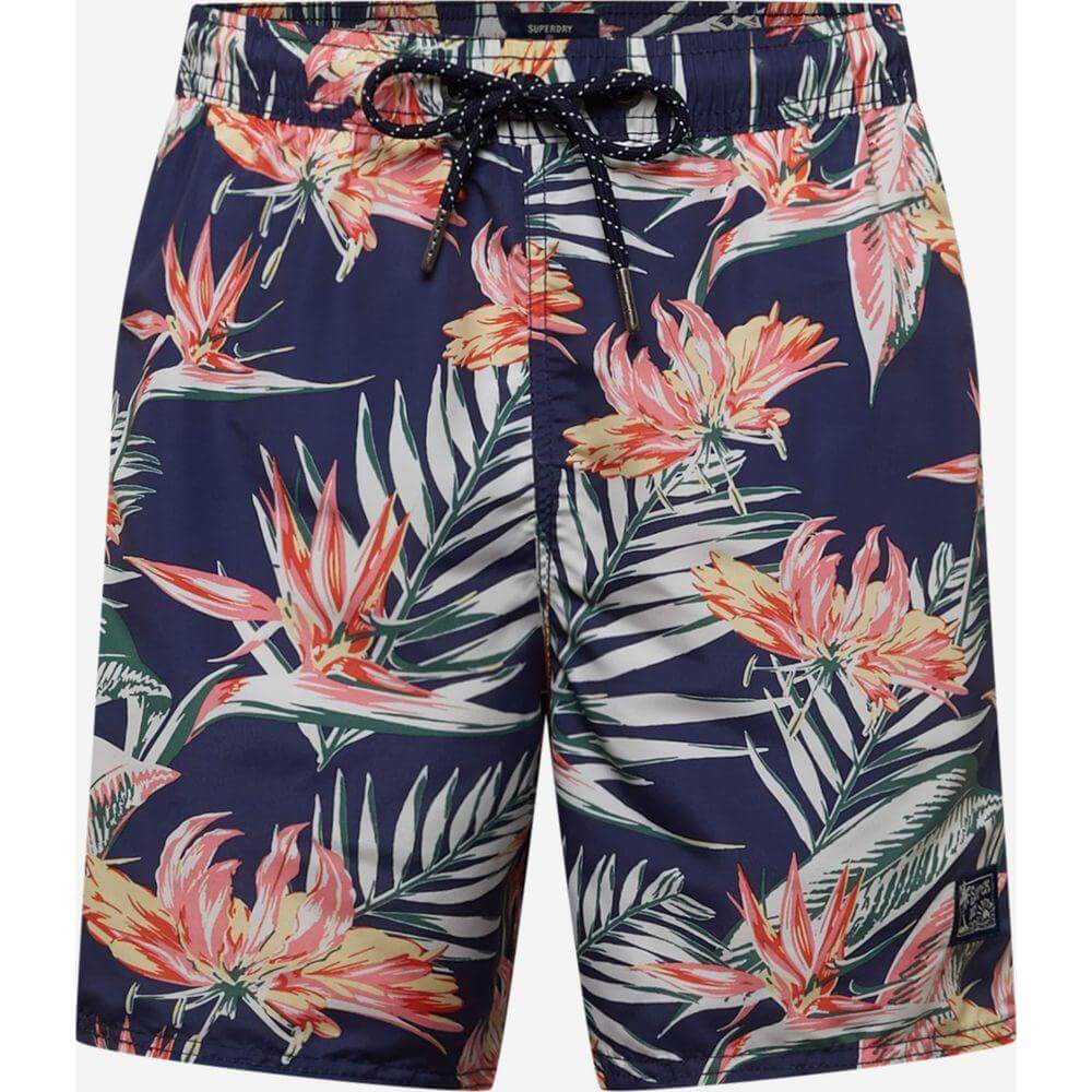 Superdry men's blue polyester swimwear with vibrant floral pattern, perfect for fall/winter beach outings.