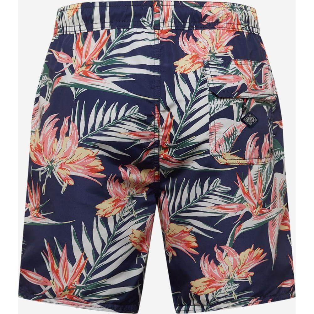 Men's floral swim shorts by Superdry in blue and pink floral print, 100% polyester, part of the fall/winter collection.