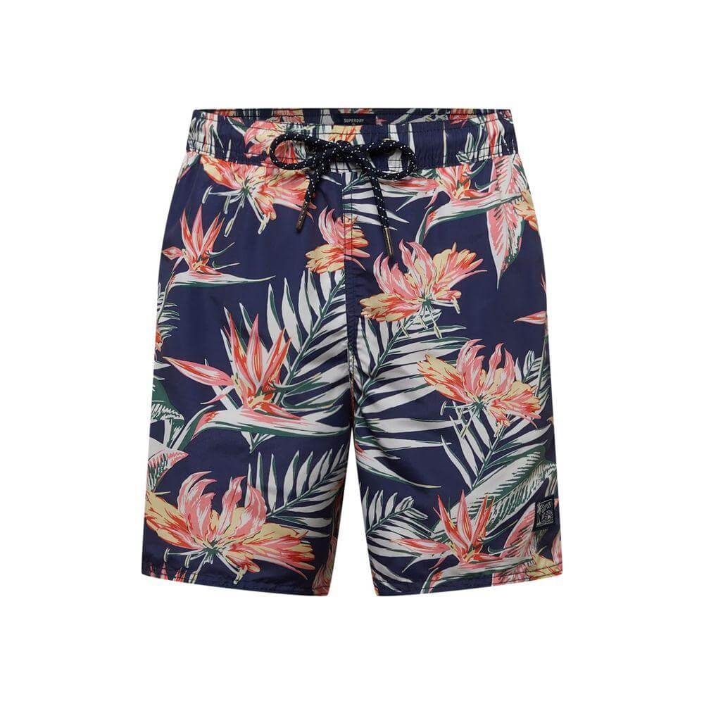 Superdry blue floral polyester swimwear with bird of paradise print, men's fall/winter bathing suits.