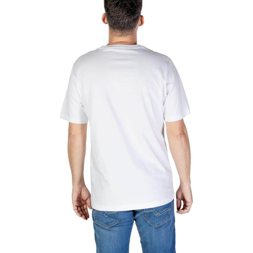 Back view of a Refrigiwear men's short-sleeved white cotton T-shirt, part of the Fall/Winter collection, modeled with blue jeans.