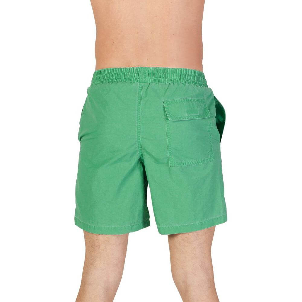 Back view of men's Lyle & Scott green nylon swimwear for fall/winter collection, featuring a pocket and elastic waistband.