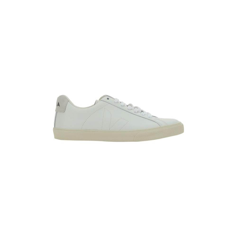 Veja Esplar calfskin sneakers with round toe, lace-up closure, tone-on-tone side logo, and contrasting heel patch.