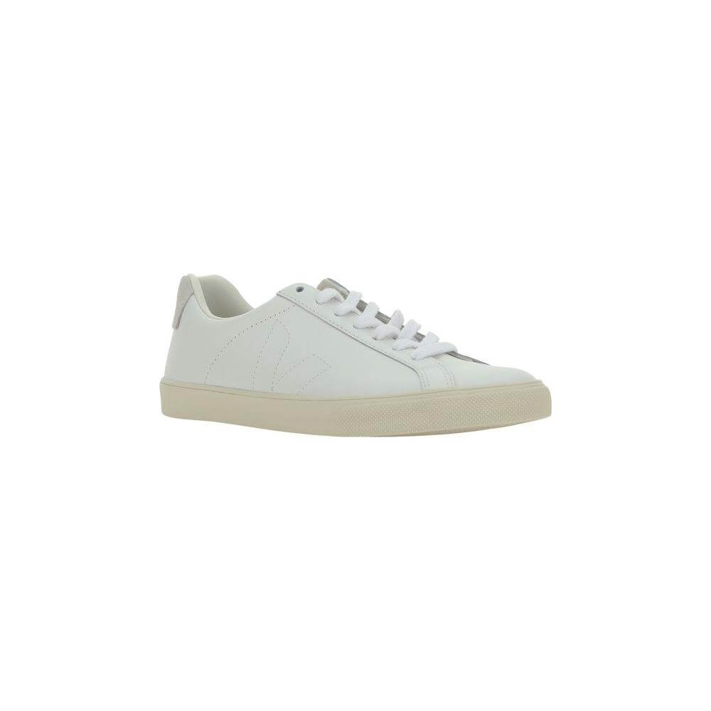 Veja Esplar Sneakers in white calfskin with round toe and lace-up closure, featuring tone-on-tone logo and contrasting heel patch.