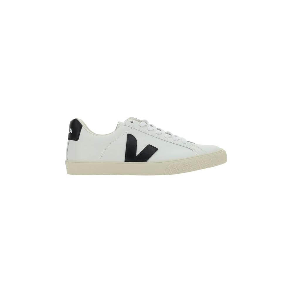Veja Esplar Sneakers in white calfskin with black side logo, round toe, and lace-up closure. Ideal for casual wear.