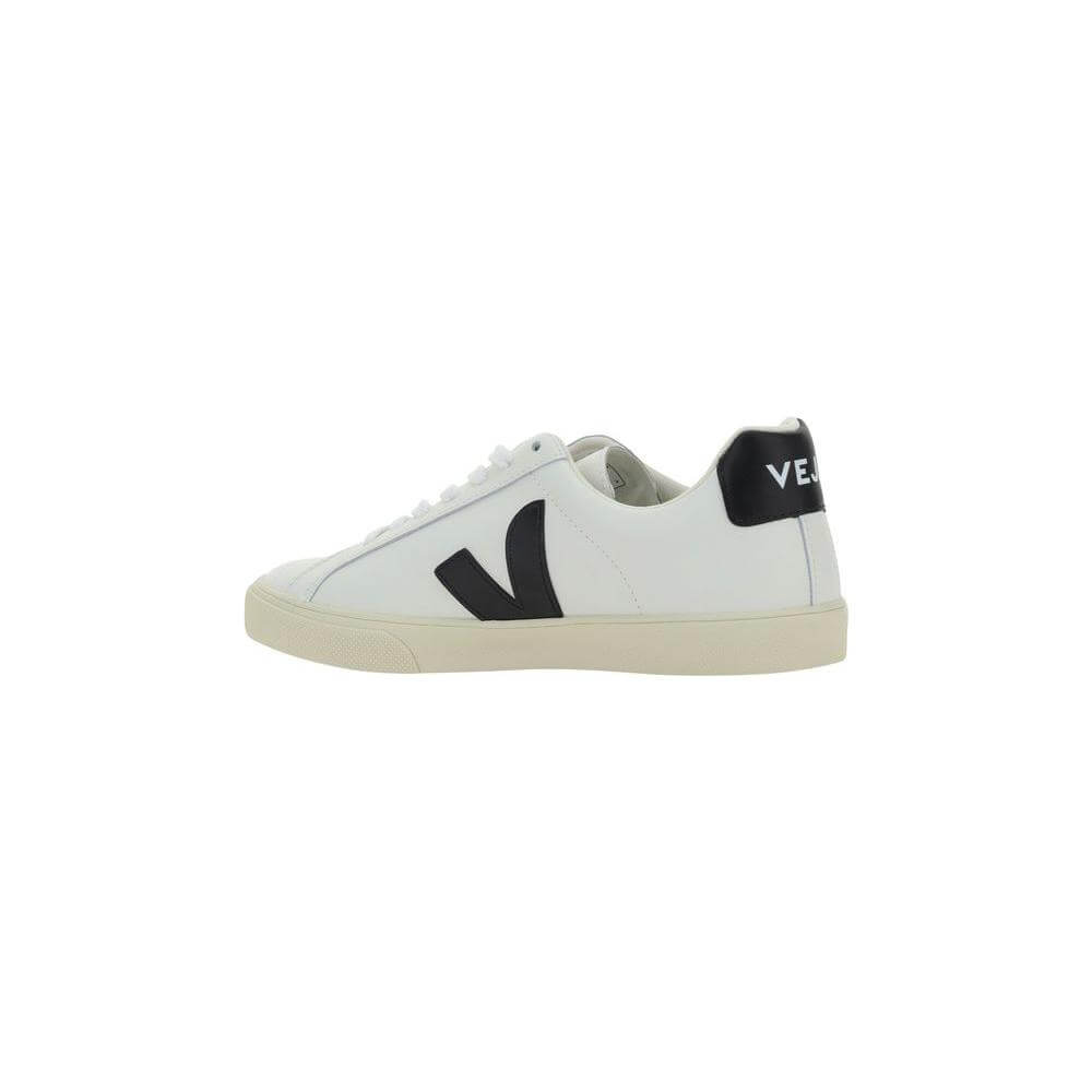 Veja Esplar Sneakers with a black logo, white calfskin, lace-up design, and branded heel. Side view shown on a white background.