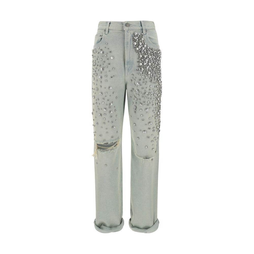 Golden Goose Golden Jeans with rhinestones and knee rips, five-pocket baggy style, urban glam fashion, relaxed fit, cotton material.
